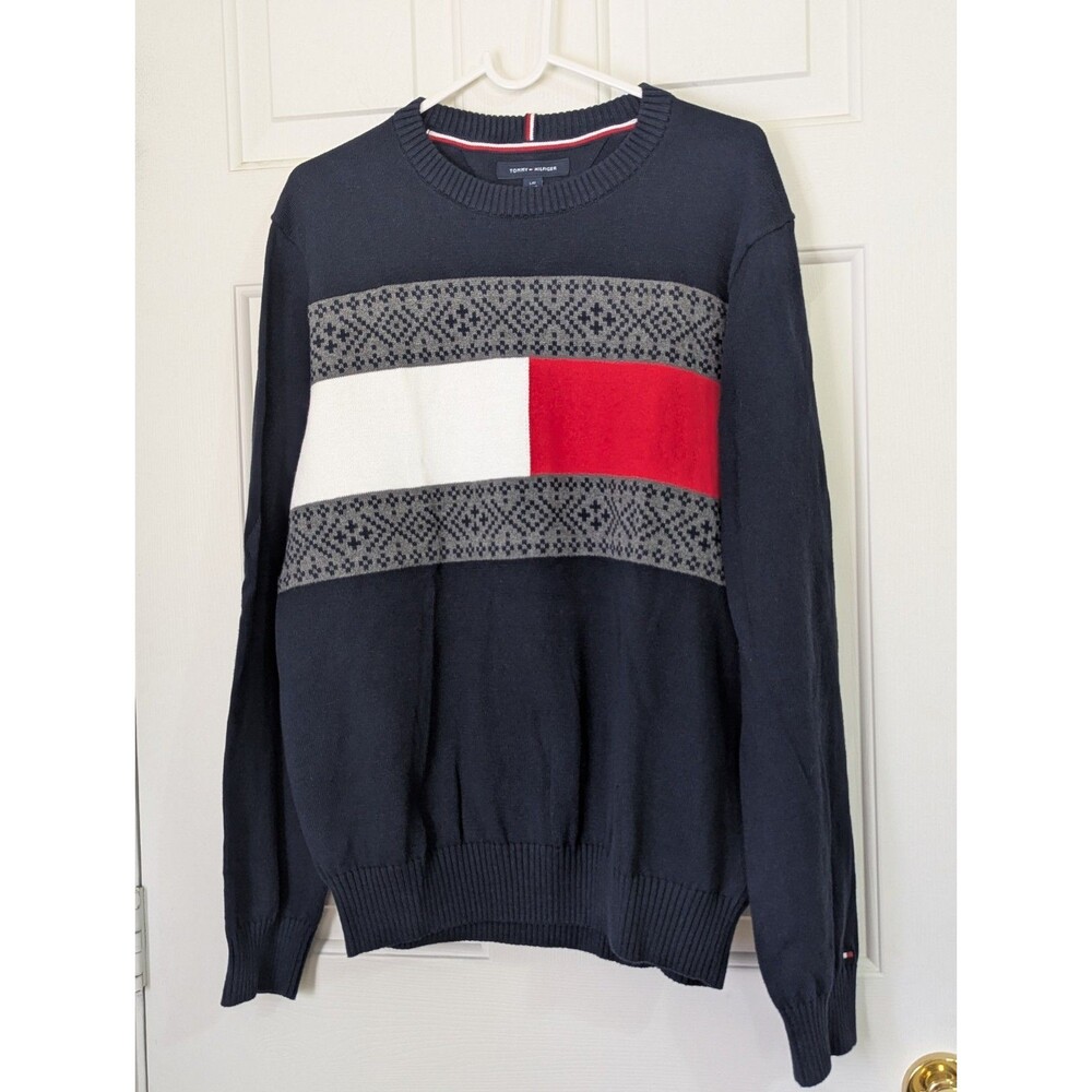 VTG Tommy Hilfiger Sweater Mens Large Navy Red Fair Isle Stripe Y2K Cotton Logo